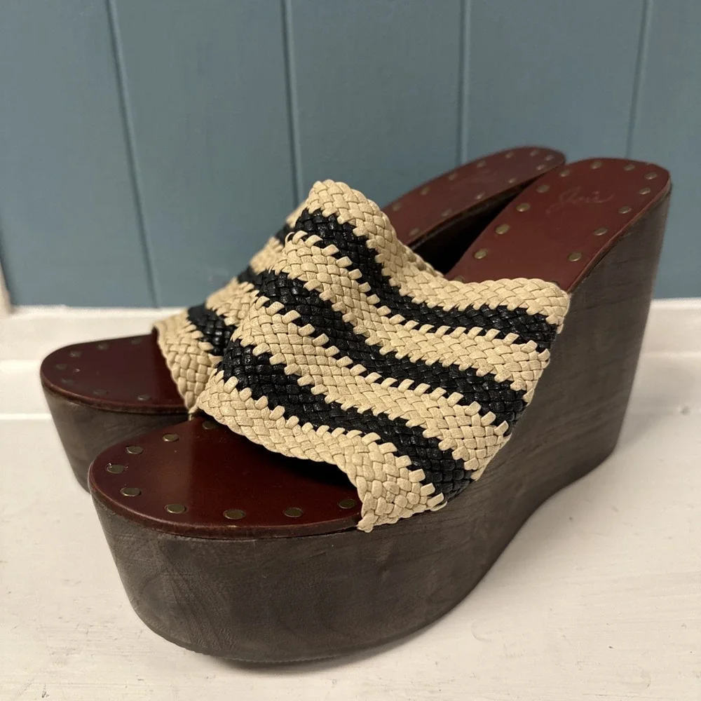 Joie Black Ivory Black Woven Stripe Braided Leather Platform Wood Wedges 10 - 40